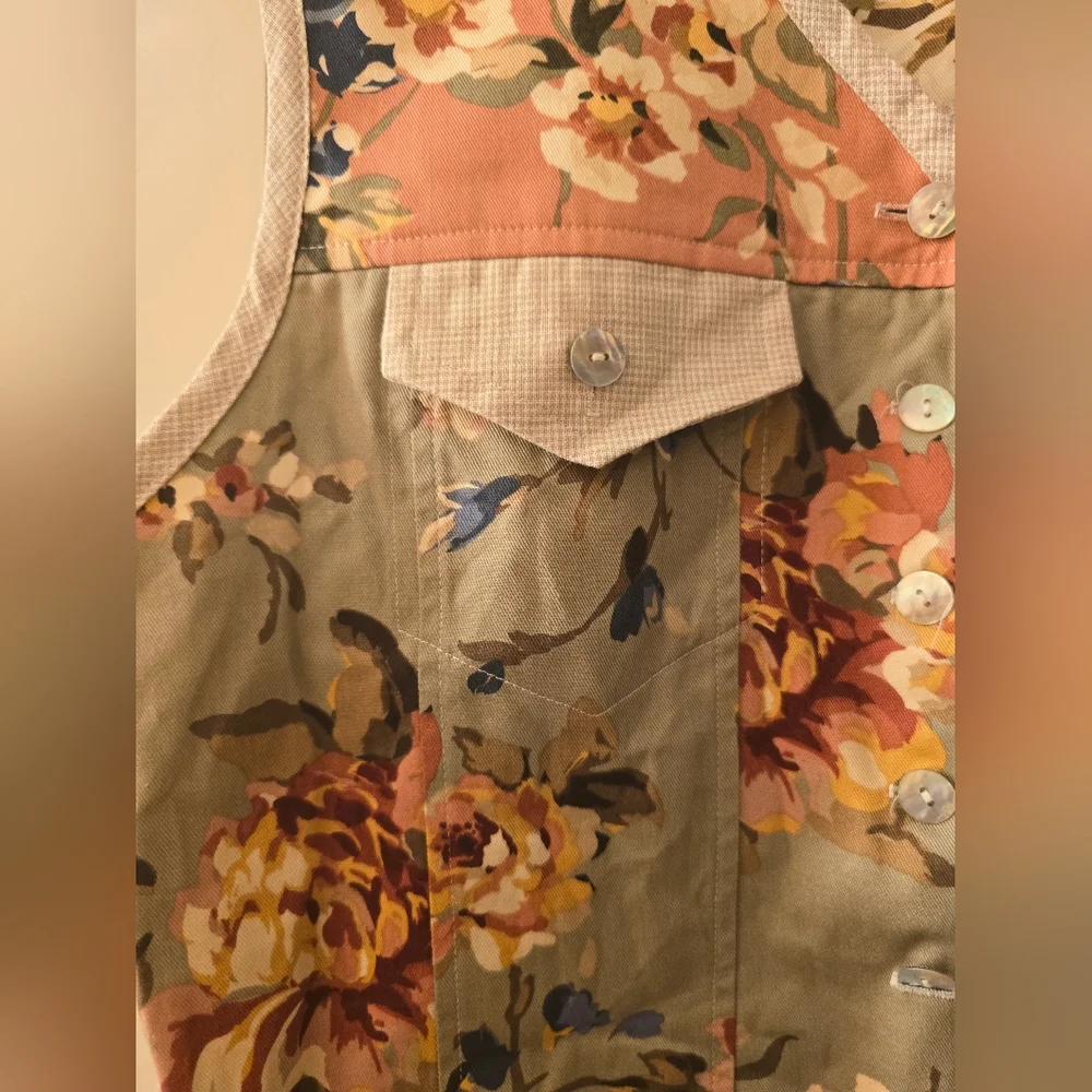 Vintage f.l. Malik floral vest top sz L green, pink & yellow - Picture 6 of 6